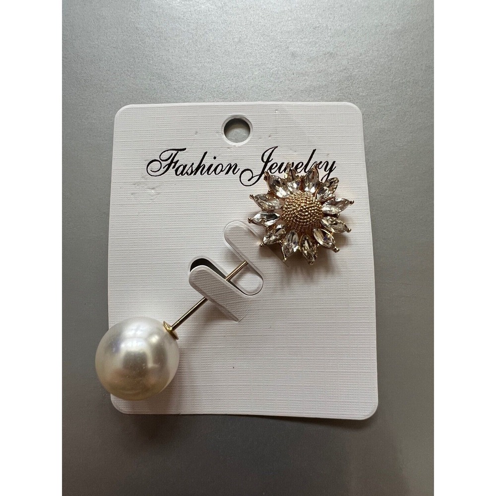 Sunflower Brooch Pin Faux Pearl Lapel Pin Rhinestone Crystal‎ Gold Tone